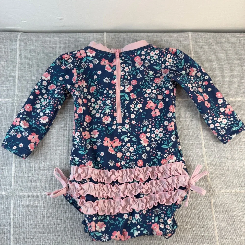 Ruffle Butts Long Sleeve Swimsuit 6-12 Months Blue Floral With Hat‎